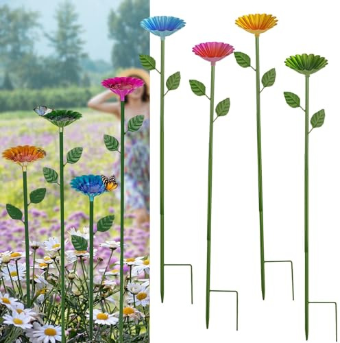 4 abbeveratoio per insetti da 65 cm, con spina di terra, galleggianti per il giardino, le api, in metallo con design floreale, per la decorazione del giardino all'aperto (4 colori)