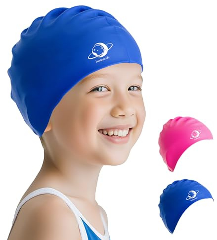 Badekappe Kinder Jungen 6-12 Jahre, Coole Schwimmkappe für Schule & Sport, Silikon Badehaube für Schulschwimmen, Wasserdicht & rutschfest, Bademütze Blau (Ideal für 8 10 Jahre)