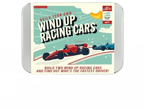 Gift Republic Build Your Own Wind-Up Race Cars Kit by Gift Republic – STEM DIY Set for Kids with 2 Foamboard Cars and Wind-Up Mechanisms – Fun Educational Activity for Ages 6+