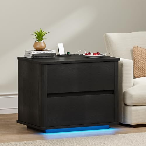 Gurexl Smart Mesillas de Noche con Luces LED,Cómoda de Madera con Función de Carga,Mesitas Auxiliares de Esquina Redondeada con Sensor Inteligente para Dormitorio,Salón,Negro