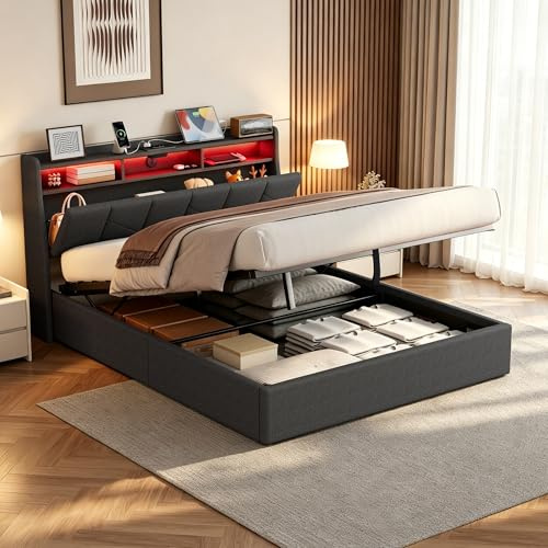 Mydtt Camas Matrimoniales con LED, Cama 140x200 con USB, Type-C y Enchufe, Cama Matrimonio con Almacenaje y Cabecero, Estructura Cama Doble con Somier de Láminas, Sin Colchón, Lino Gris