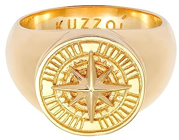 Kuzzoi - Anello da uomo con sigillo rotondo, 15 mm di larghezza, in argento Sterling 925, placcato oro, con simbolo della bussola, stile marittimo, per uomo, 64 (20,4mm), colore: gold