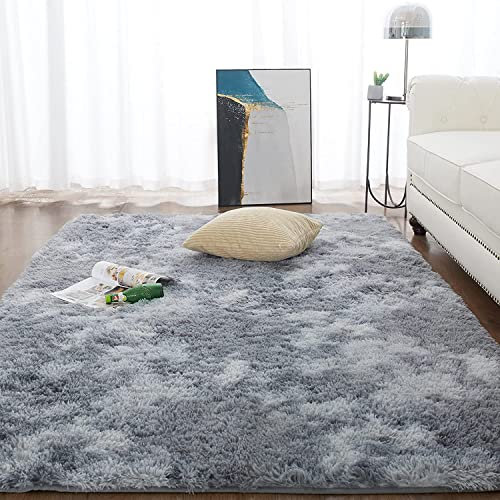 CHOSHOME Teppich Wohnzimmer,Flauschig Grau Langflor Bettvorleger Schlafzimmer Teppich,Shaggy rutschfest Hochflor Tie-dye Carpet, Hellgrau,90X150CM