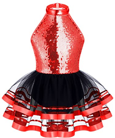Alvivi Vestito da Danza Classica Bambina Paillettes Tutu Body da Balletto Abito da Ballo Senza Manica Ballerina Jazz Danza Moderna Dancewear Rosso 9-10 Anni