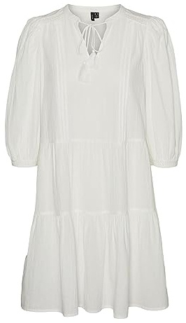VERO MODA Robe Courte en crépon avec Cordon de Serrage - Robe midi à Manches 3/4 - Robe d'été Tuniques., Couleurs:Blanc, Taille:M