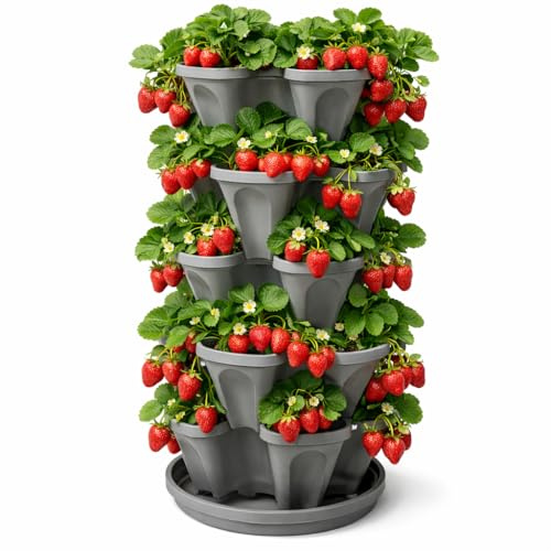 Jardin de Fraises empilable à 5 Niveaux – Jardinière empilable intérieur/extérieur de 24 litres avec Soucoupe Goutte à Goutte – Cultivez des Herbes, des Fraises et des Fleurs dans la Cuisine ou Le
