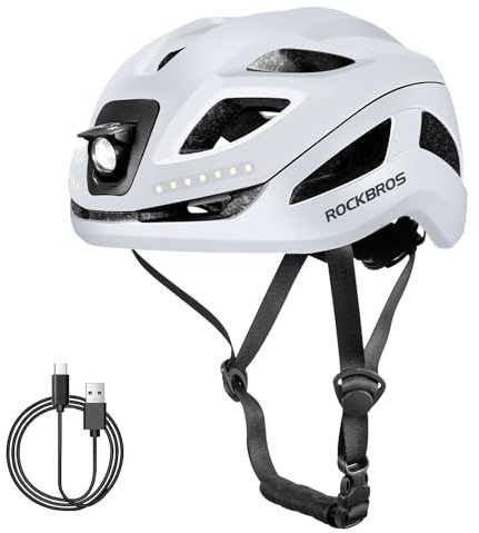 ROCKBROS Fahrradhelm mit Licht, MTB Helm Herren Damen mit USB 1800 mAh Atmungsaktiv 58-60 cm Weiß