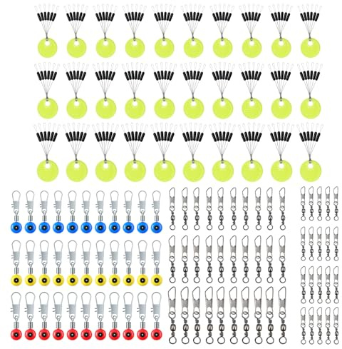 CONNECTION 180 pz Tappi di Gomma per Pesca 6 in 1 Stopper da Pesca 50 Girelle da Pesca con Moschettone 2/4/6/8/10#, 30 Fagioli Girevoli Connettori Galleggiante S/M/L Accessori per Pesca in Mare Laghi