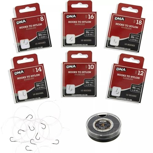 60 x Barbless Fishing Hooks to Nylon with Loops Coarse, Match & Carp Hooks in Sizes 8-18, Pre-Tied with Loops, 4-Way Mini Non-Toxic Split Shots Terminal Tackle