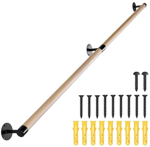 Purife 6 FT Wooden Stairs Handrails Wall Mount- Metal Support Wood Staircase Handrails, Interior Stair Railings, Banister Hand Railing, Outdoor Grab Bars Safety Handle for Elderly or Handicap