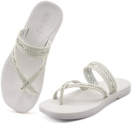 ONCAI Flip Flops for Womens 2025, Flat Dressy Thong Sandals Square Toe with Fashion Summer Beach Comfortable Slip On Rubber Soles White Size UK 6