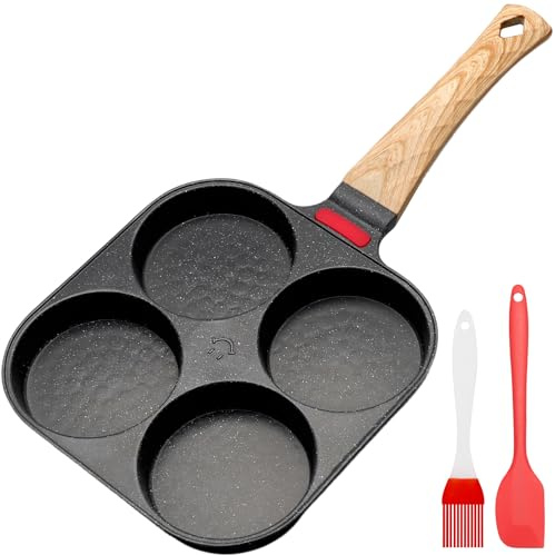 OulQinyhome Poêle à 4 Trous Antiadhésive en Aluminium pour Tous Feux - Poêle à Pancakes Induction avec Indicateur de Chaleur pour Pancakes, Blinis, Burgers (Noir)
