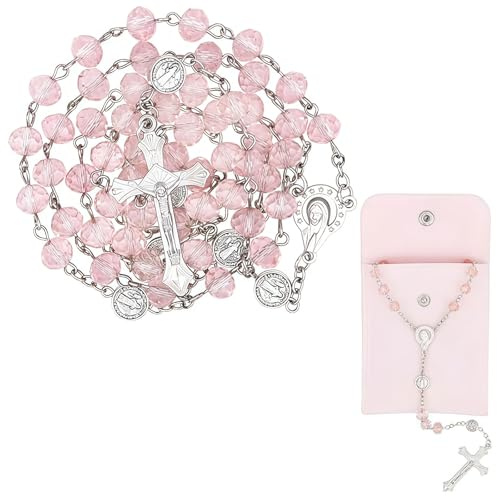 TESGADGETS Rosa Rosario para Mujeres – Rosario Católico con Cruz, Collar de Rosario de Cristal Rosa con Bolsa de Terciopelo, Regalo Religioso para Mujeres