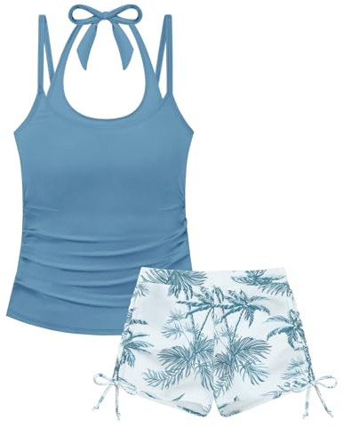Miyanuby Girls Swimsuit 2 Piece Halterneck Tankini Swimsuit Ruched Bathing Suit Tropical Printed Shorts Swimwear for Teen Girls 9-16Y
