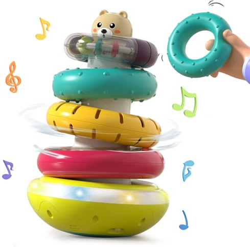 Imagibox Rainbow Baby Stacking Toys, Rotating Stacking Rings Tower with Light & Music, BPA Free Teething Toy for Baby 6-12 Months, Montessori Educational Toys Sensory Ring Stacker, Boy and Girl Gifts