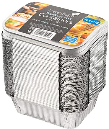Homeshopa Aluminium Foil Trays Containers with Lids, 60 Pack Disposable Meal Prep Food Storage Takeaway Tins, Medium Reusable Foil Tray for Roasting Broiling Baking Cooking BBQ, Oven & Freezer Safe