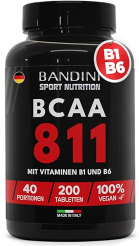 Bandini® BCAA 8 1 1 | 200 Tabletten für 40 Portionen | Fermentierte Aminosäuren mit Vitamin B1 und B6 | Verzweigtkettige Aminosäuren Leucin, Isoleucin, Valin | Intra Pre Post Workout | 8:1:1 Vegan