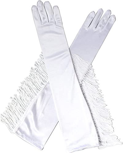 Lange Satin-Handschuhe mit Quaste Damen Handschuhe Satin Classic Abendhandschuhe Satin Handschuhe Lang Opernhandschuhe Tanzhandschuhe 1920 Handschuhe Elegant Halloween Karneval Fasching Fest PartyWeiß