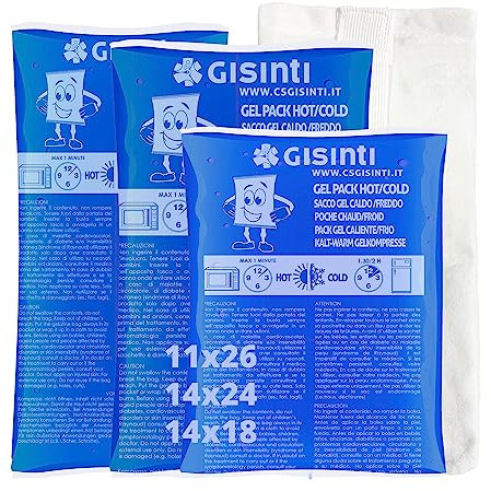 Gisinti Wiederverwendbares Gel-Kälte-Wärme-Set, Made in Italy, Mikrowellen- und Gefrierschrank-geeignet, inkl. Stofftasche (3 Große Stücke)