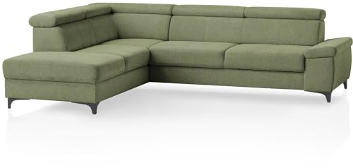 Traumnacht Montpellier Ecksofa 3-Sitzer mit festem Anbauelement (Hocker) inkl. Schlaffunktion, Bettkasten links und verstellbarem Kopfteil, grün, produziert nach deutschem Qualitätsstandard