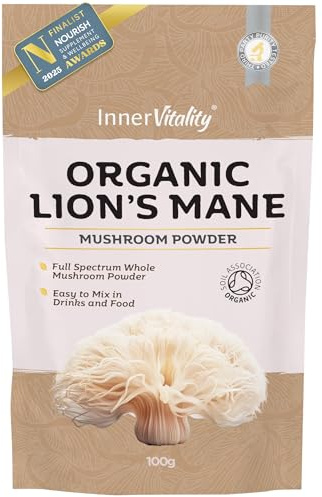 Organic Lions Mane Mushroom Powder, Brain Support & Focus High Strength Full-Spectrum Supplement for Mental Performance - 100g by Inner Vitality