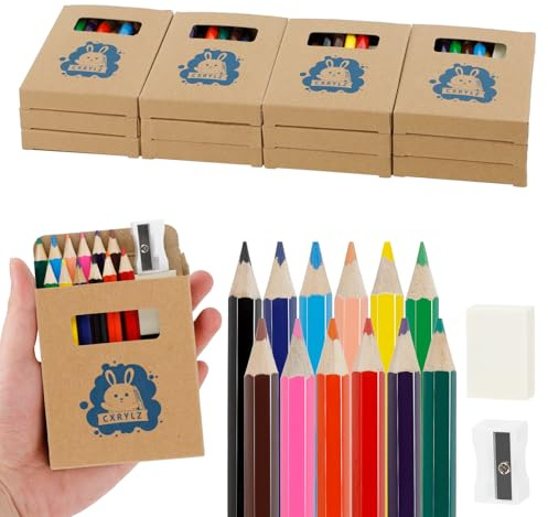 CXRYLZ-FUR 12 Pack Buntstifte Kinder, 12 Farben Holzstifte mit Spitzer und Radiergummi Set, Dicke Farbstifte Kleine Geschenke für Kinder Kindergeburtstag Party Mitgebsel Schule