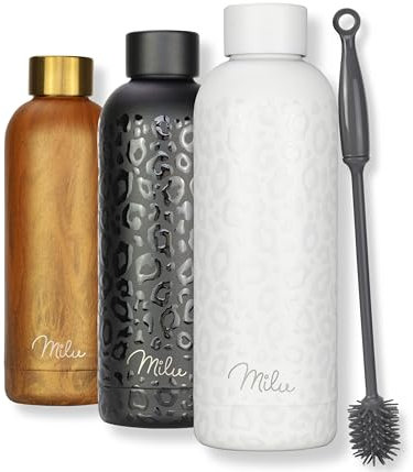 Milu Thermosflasche 500ml Isolierte Edelstahl Thermo Trinkflasche Thermoskanne Auslaufsichere Isolierflasche doppelwandig Kohlensäure geeignet – inkl. Reinigungsbürste (White-Leopard, 500ml)