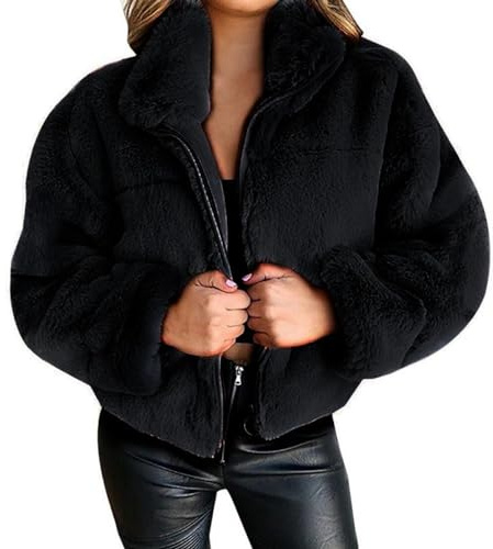 ZhuiKun Manteau en Fausse Fourrure pour Femme Veste Court Chaud Manteau Cropped à Col montant Cardigan Boyfriend Blouson