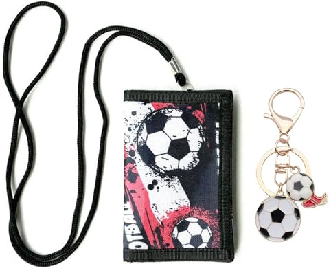 Onperpoe Football Boys Wallet and Keyring, Kids Wallets for Boys Football Gifts Neck Wallets with Lanyard Zippered Wallet with Football Keyrings Kids Wallet for Teenage Boy