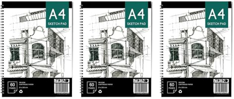 iTrend A4 Artist Sketch Book - Spiral Sketchbook - White Cartridge Art Drawing Paper - A4 60 Pages Sketch Pad - 140GSM Cartridge Paper - 21 x 29.5cm - Pack of 3