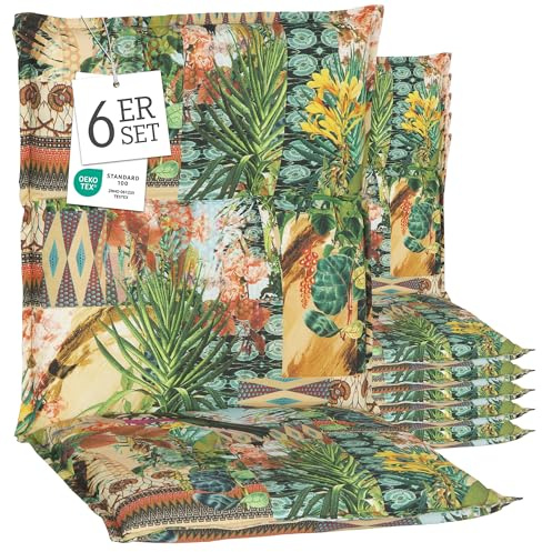 Beo® Turin Niedriglehner Gartenstuhlauflagen | 6er Set | Waschbar | Made in EU nach Öko-Tex Standard | Atmungsaktive Sitzkissen Outdoor | UV-beständig, extra Dicke Polster