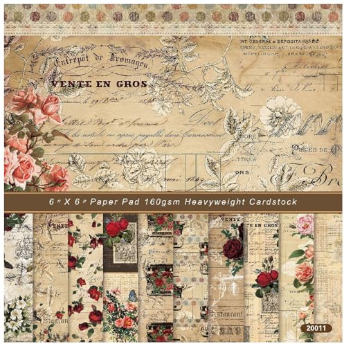 Accesorios para álbumes de recortes Papel, Papel con estampados florales de flores e insectos, de una sola cara, 160 g/m², sin ácido, for hacer tarjetas, color marrón, 48 hojas, 6 x 6