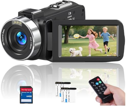 Video Camera 4K Camcorder 75MP YouTube Vlogging Camera 64G SD Card and 2 Batteries 18X Digital Zoom Webcam 270 Degree Rotation Screen Recording While Charging video camera for computer/ filming