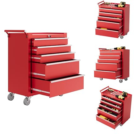 IDEALHOUSE Rolling Tool Chest, 5 Drawers Tool Storage Cabinet, Toolbox with Wheels, Portable Tool Cabinet Organizer with Locking System & Drawer Liners, Tool Storage Cart for Garage, Workshop, Red