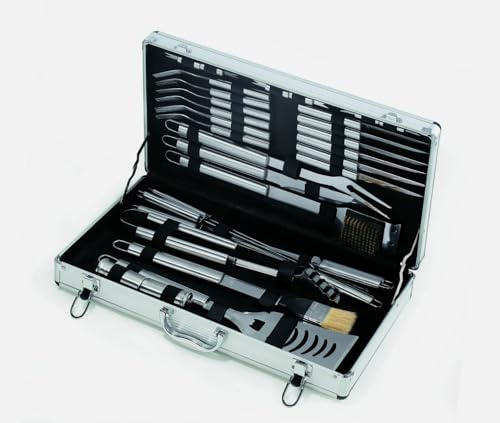 Set Professionale da Barbecue, 32 Pezzi di Utensili in Acciaio Inox con Valigetta in Alluminio, Kit Completo per Griglia