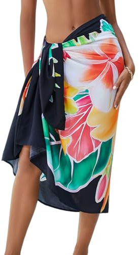 OIZEN Pareo Mujer Traje de Baño Salida de Playa con Abertura Alta, Falda Cruzada Estampada para Bikini Ropa de Baño, Vacaciones de Verano y Fiesta,Negro