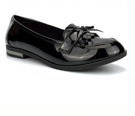 A2Z Peak Valley - Mocasines de charol para mujer con detalle de lazo, color negro brillante, de poliuretano, con tacón plano, zapatos de vestir formales para oficina, trabajo, escuela, cómodos