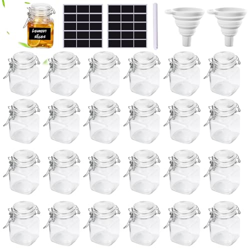 TEGOVE Barattoli Ermetici con Chiusura a Clip,Barattoli Ermetici a Clip,Barattolis in Vetro Trasparente con Chiusura Clips,24 Pezzi–per Spezie,Erbe e Tè - Incluse 30 Etichette Decorative–Trasparente