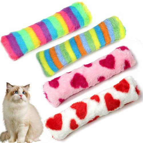 Bestwist Giocattolo con erba gatta, 4 pezzi, cuscino interattivo con erba gatta e carta scoppiata, cuscino colorato in peluche con imbottitura in cotone PP per la pulizia dei denti, gioco di movimento