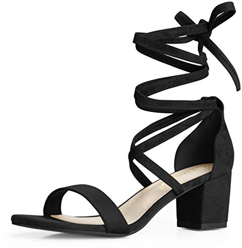 Allegra K Sandales à talons mi-hauts à lacets pour femmes Noir 36