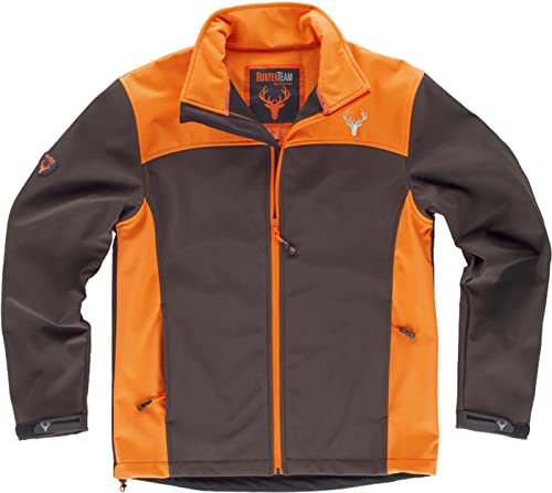 Work Team Chaqueta Caza y Pesca workshell con canesús y costadillos a Contraste. Cuello Alto y cubrecosturas Interior. Cierre de Cremallera de Nylon. Hombre Marron+Naranaja A.V. XXL