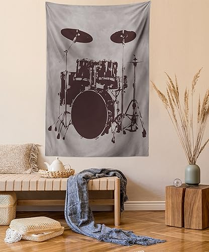 Lunarable Music Tapestry Queen Size, Grunge Drum Kit for Bass Rythm Lovers Rock and Roll Vintage Style of an Image Sketch Design Art, Wall Hanging Bedspread Bed Cover Wall Decor, Queen Size, Pale Sage