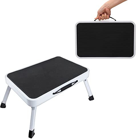 Escabeau, MarchePied avec Tapis en Caoutchouc Antidérapant, Tabouret de Cuisine Léger en Acier, Échelles Pliantes 1 Marches pour Adultes et Enfants, Supporter Jusqu'à 150kg