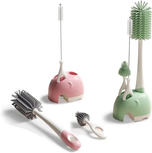 Bebamour Stand Babyflaschenbürsten für die Reinigung 3 in 1 weiche Babyflaschenbürste, Nuckelbürste, Strohhalmreiniger für Standflaschenbürsten-Reiniger-Set(Pink)