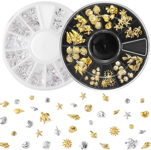 Pndeyo 2 Disc Ocean Nail Art Charms, Beach Starfish Sea Seashell Nail Decal, Alloy 3D Gems Jewelry Decoration Supplies for Manicure DIY Embellishments 12 Style- Silver & Gold