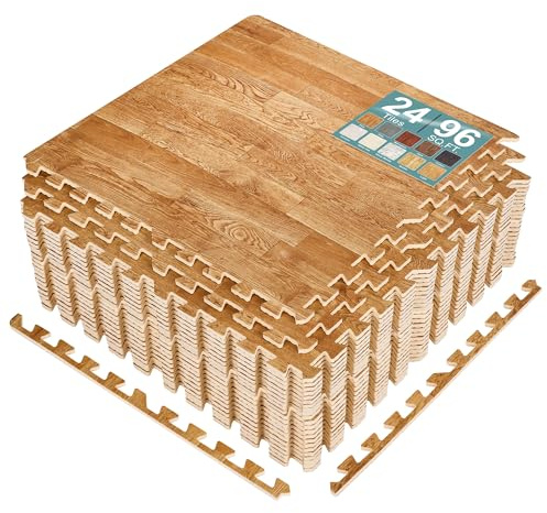 Sorbus 96 Sq. Ft. Wood Grain Floor Tiles Foam Mat EVA Interlocking Mats Tile 3/8-Inch Thick Flooring Wood Puzzle Exercise Mats w/Borders - Home Playroom Basement, Apartment, Trade Show, Baby, Dance