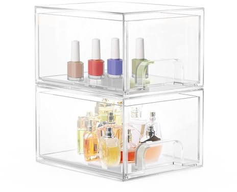 2 Piezas Apilables Organizador Cajones, Acrílico Transparente Cajonera Organizador Cajones Bañocon 16 Antideslizante Antideslizantes para Maquillaje, Cosméticos, Cocina, Refrigerador Oficina