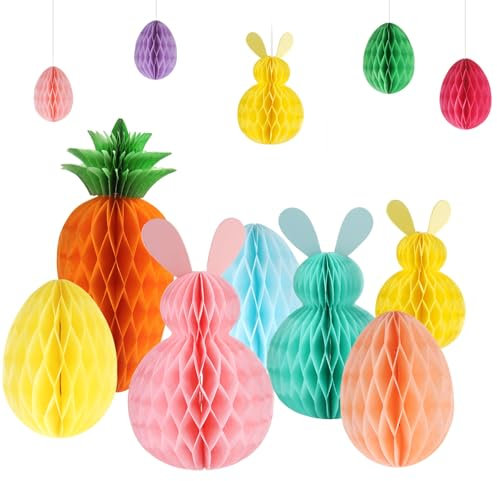 Xmart 11 Piezas Decoracion Pascua Bolas Nido de Abeja Papel Conejito Huevos Zanahoria Papel Colgar Adornos de Panal con 15 Sujetapapeles Decoración de Pascua Colgante para Pascua Fiesta de Primavera