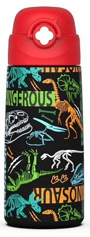 Ntswasd Trinkflasche Kinder Edelstahl Strohhalm-Thermosflasche 500ml -BPA frei-Auslaufsicher-Thermo Wasserflasche für Schule, Kindergarten（Dinosaurier-Rot）