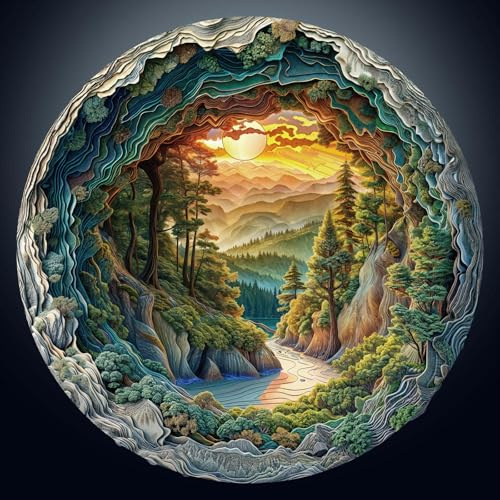 Jigsaw Puzzles for Adults 1000, 3D Visual Cave Forest, 1000 Piece Jigsaw Puzzle, 67.5 x 67.5cm Blue Card Round Puzzle, Colorful Puzzles for Home Decor, Christmas & Birthday Gifts for Family Friends